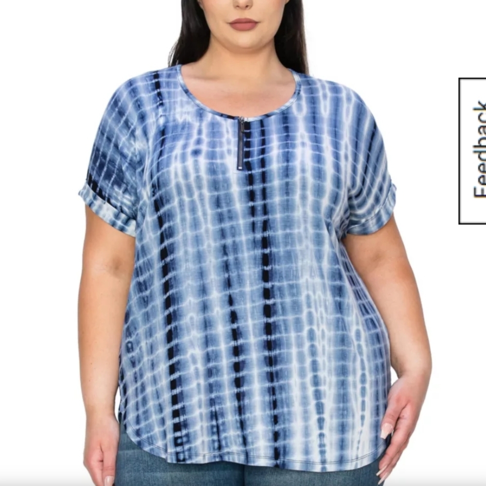 Coin 1904 Blue Tie Dye Zip Neck Top Size 2X Short Sleeve Casual Plus